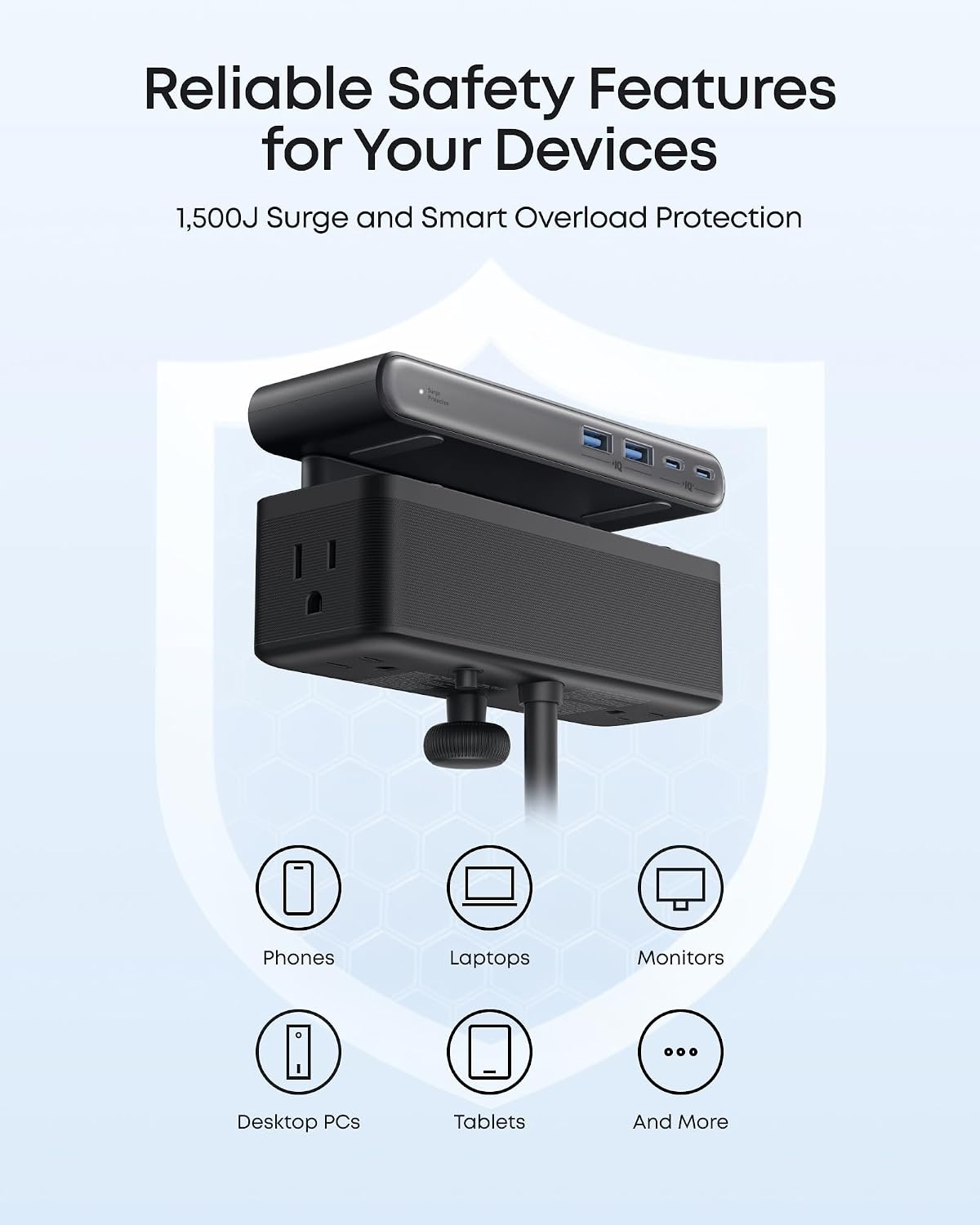 image:imageAnker Nano Power Strip Desk Clamp 70W Max 1500J Surge Protector 2 USB CWhite