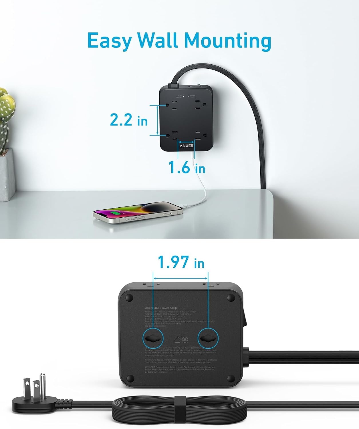 image:imageAnker Power Strip with 2000J Surge Protector 5ft Outlet Extender 20W 8ACBlack