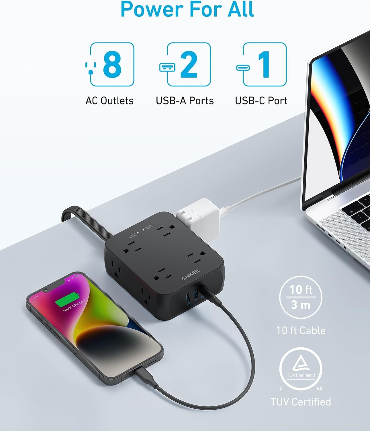 image:imageAnker Power Strip with 2000J Surge Protector 5ft Outlet Extender 20W 8ACBlack