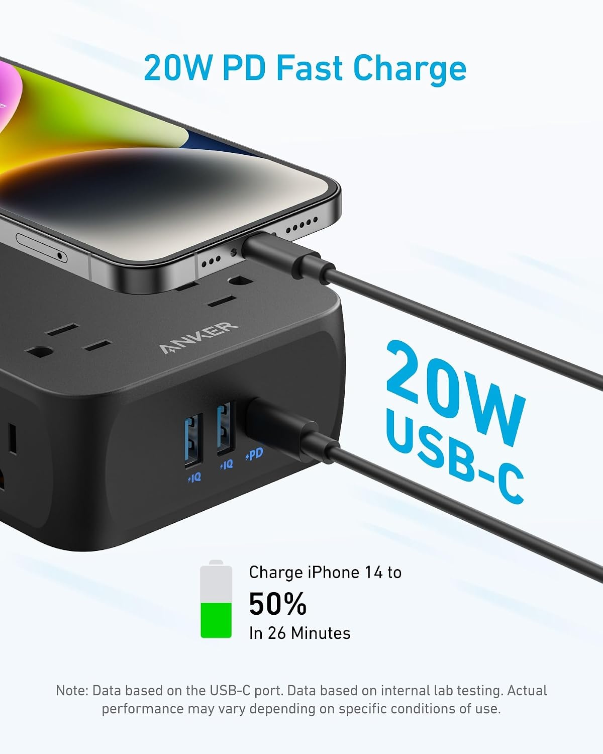 image:imageAnker Power Strip with 2000J Surge Protector 5ft Outlet Extender 20W 8ACBlack
