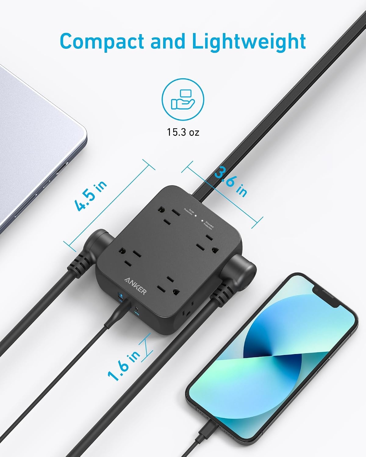 image:imageAnker Power Strip with 2000J Surge Protector 5ft Outlet Extender 20W 8ACBlack