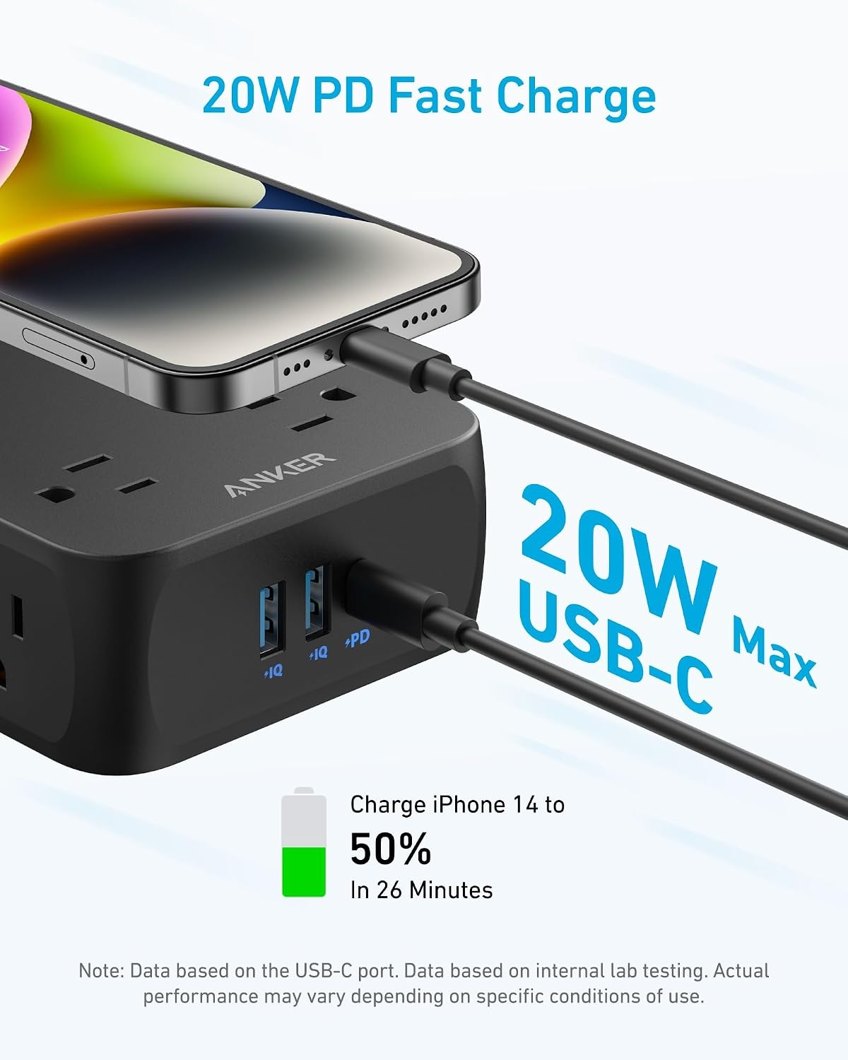 image:imageAnker Power Strip with 2000J Surge Protector 5ft Outlet Extender 20W 8ACBlack