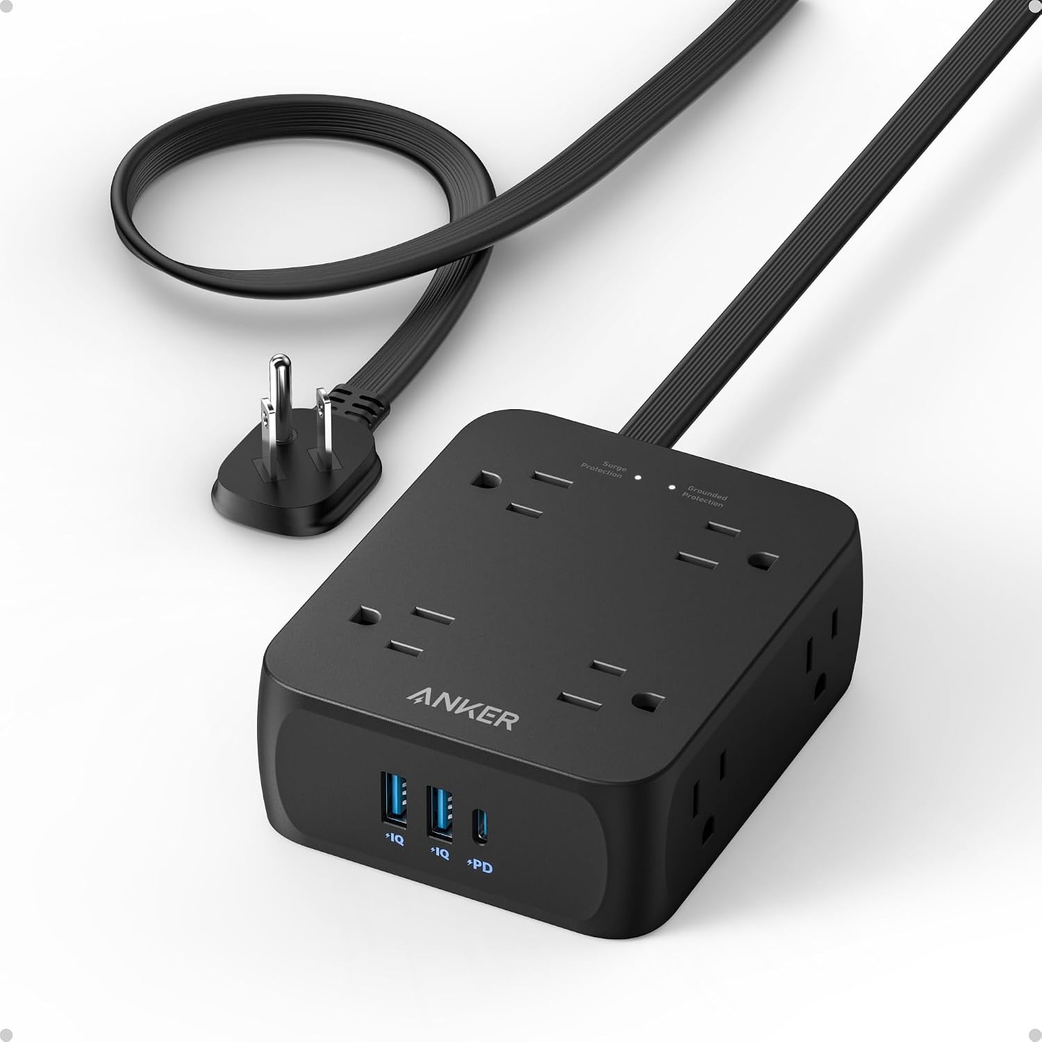 image:imageAnker Power Strip with 2000J Surge Protector 5ft Outlet Extender 20W 8ACBlack