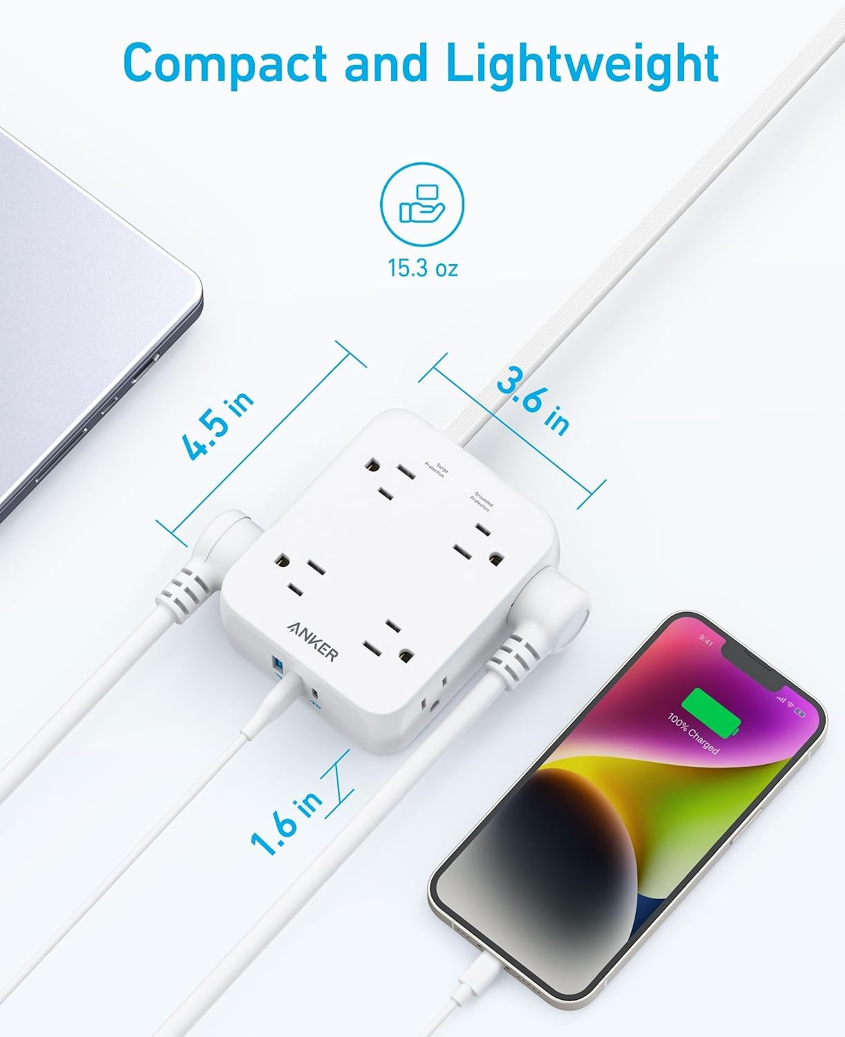image:imageAnker Power Strip with 2000J Surge Protector 5ft Outlet Extender 20W 8ACShell White