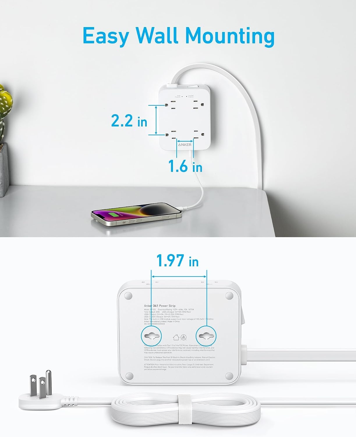 image:imageAnker Power Strip with 2000J Surge Protector 5ft Outlet Extender 20W 8ACShell White