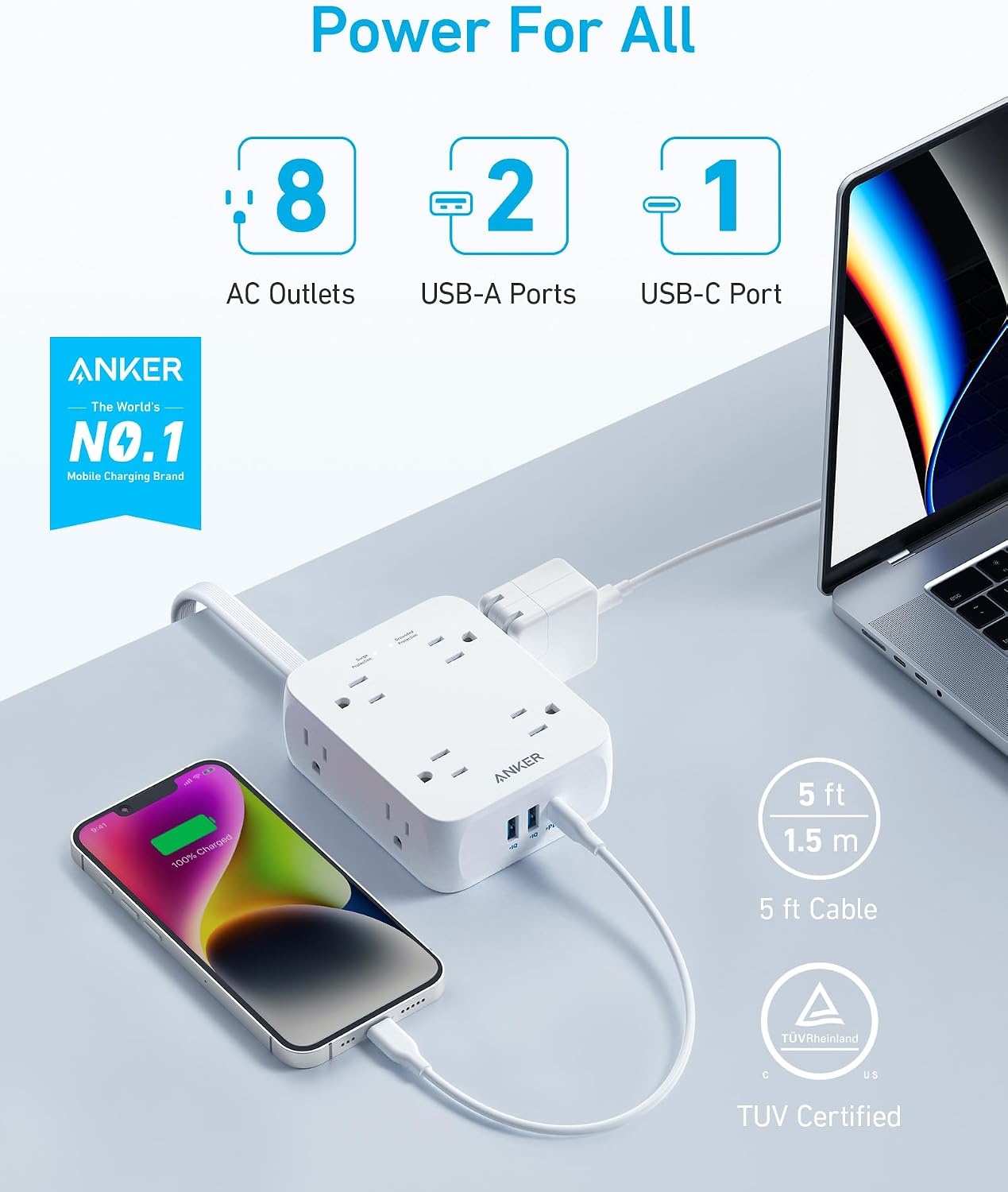image:imageAnker Power Strip with 2000J Surge Protector 5ft Outlet Extender 20W 8ACShell White
