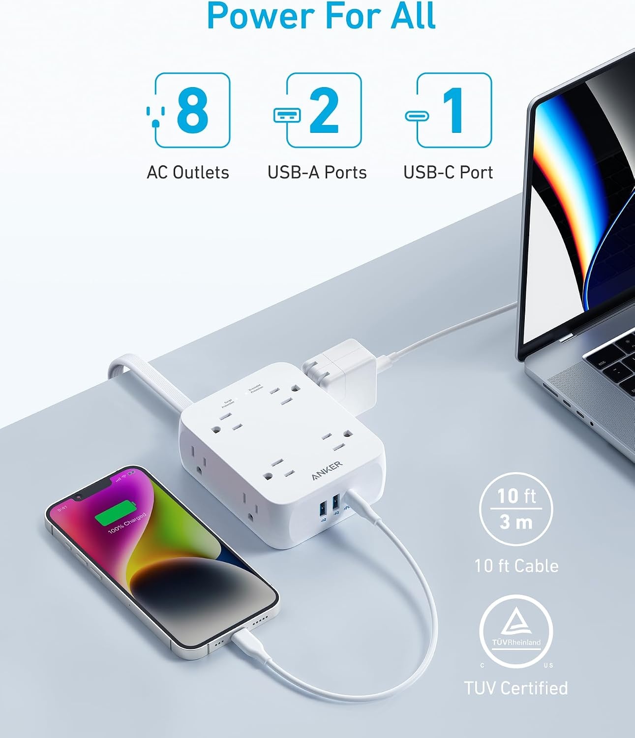 image:imageAnker Power Strip with 2000J Surge Protector 5ft Outlet Extender 20W 8ACShell White