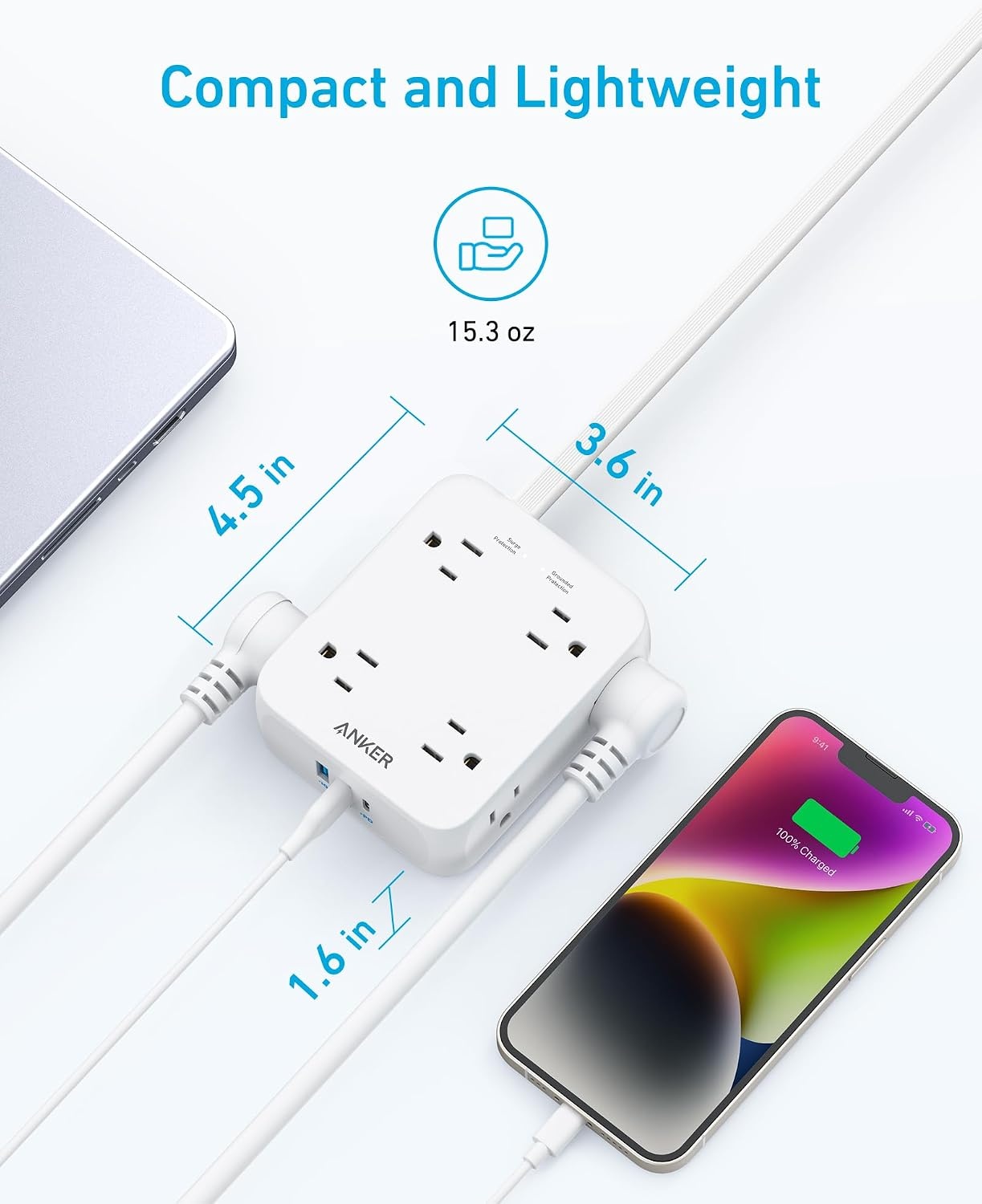 image:imageAnker Power Strip with 2000J Surge Protector 5ft Outlet Extender 20W 8ACShell White