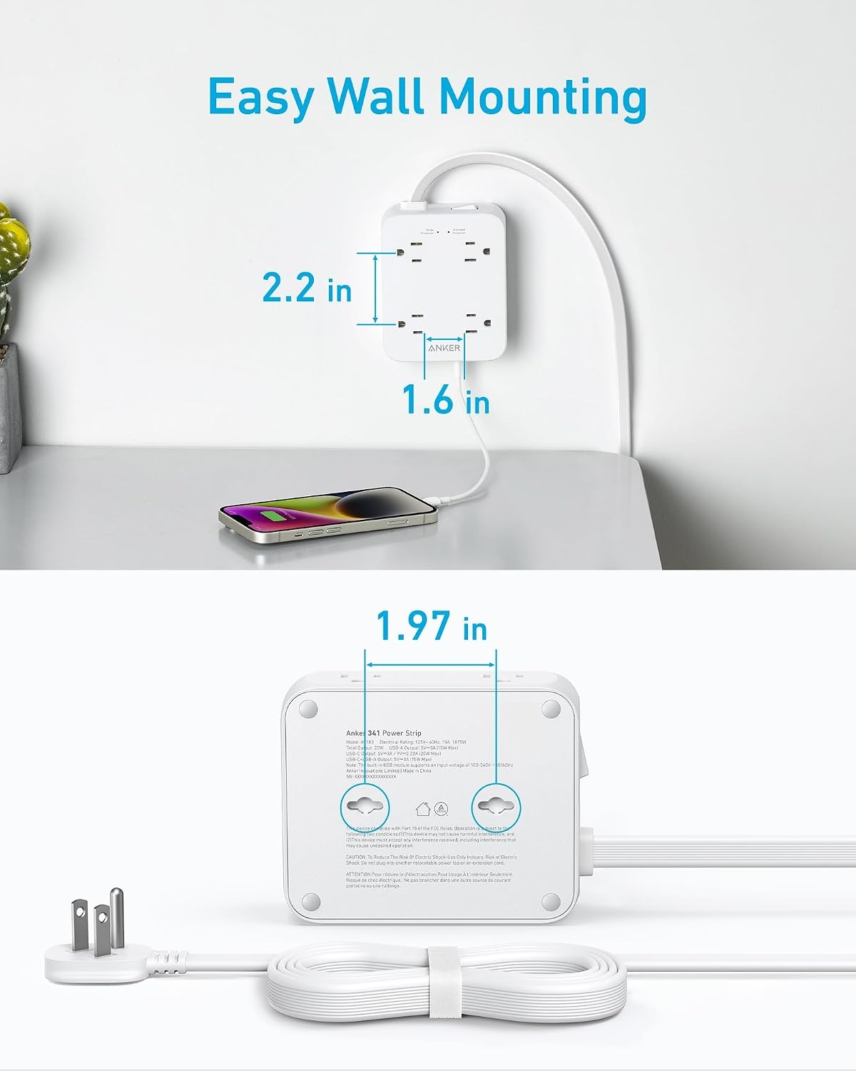 image:imageAnker Power Strip with 2000J Surge Protector 5ft Outlet Extender 20W 8ACShell White