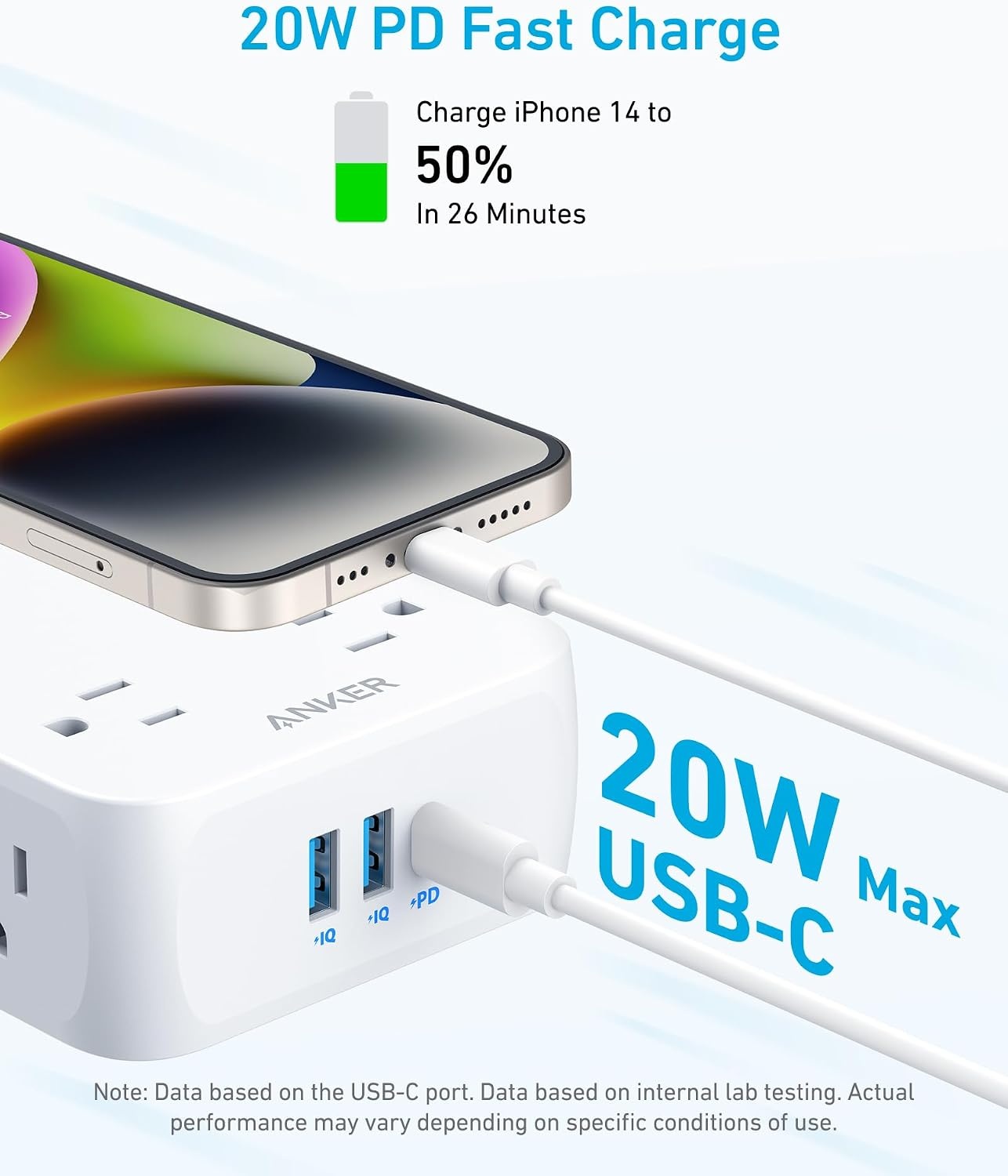 image:imageAnker Power Strip with 2000J Surge Protector 5ft Outlet Extender 20W 8ACShell White