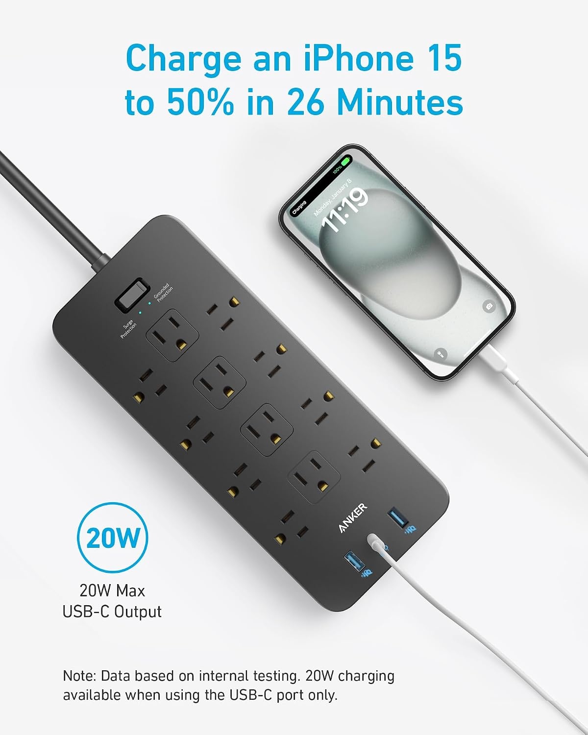 image:imageAnker Power Strip with 2100J Surge Protector Outlet Extender 20W 12 ACBlack
