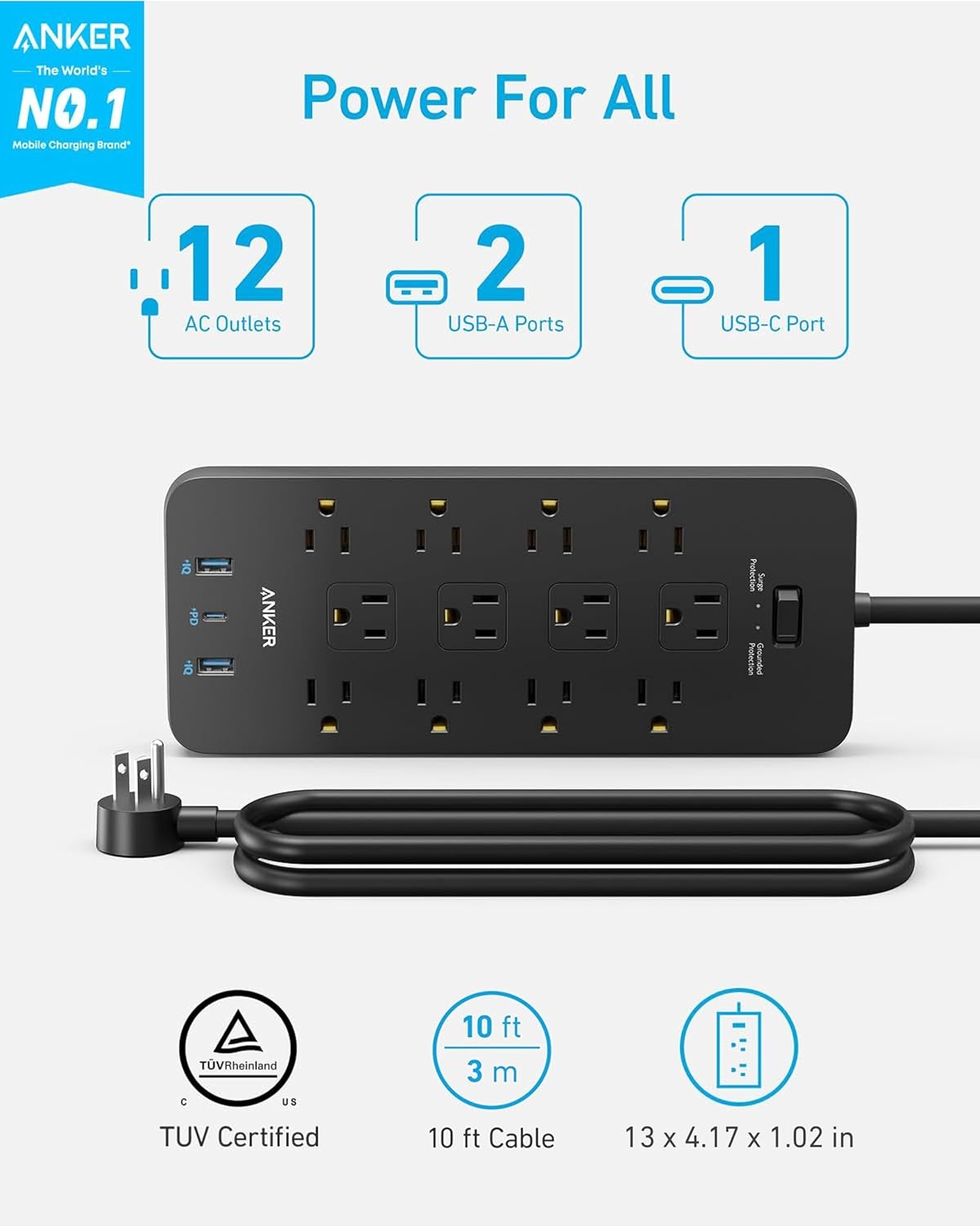 image:imageAnker Power Strip with 2100J Surge Protector Outlet Extender 20W 12 ACBlack