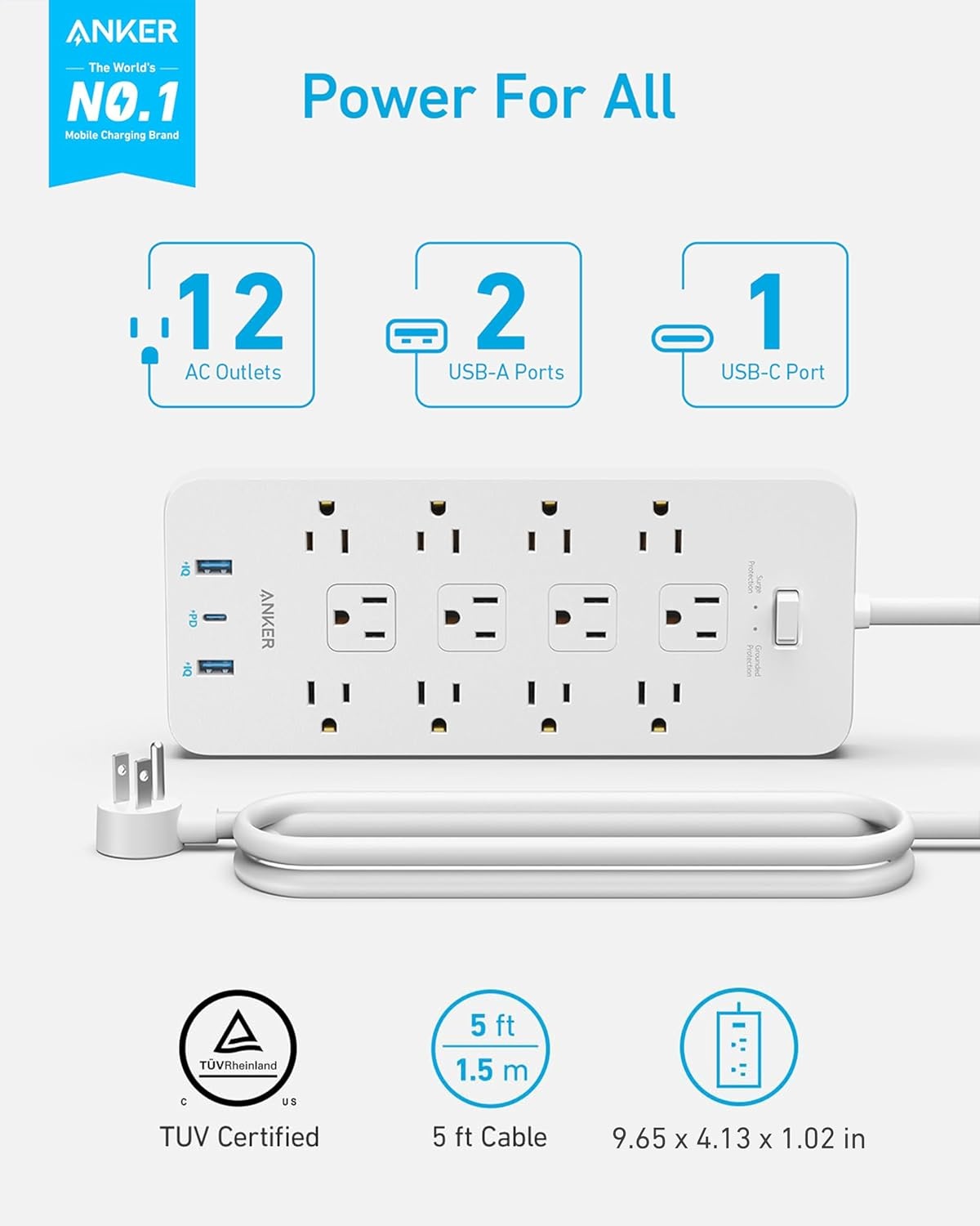 image:imageAnker Power Strip with 2100J Surge Protector Outlet Extender 20W 12 ACWhite