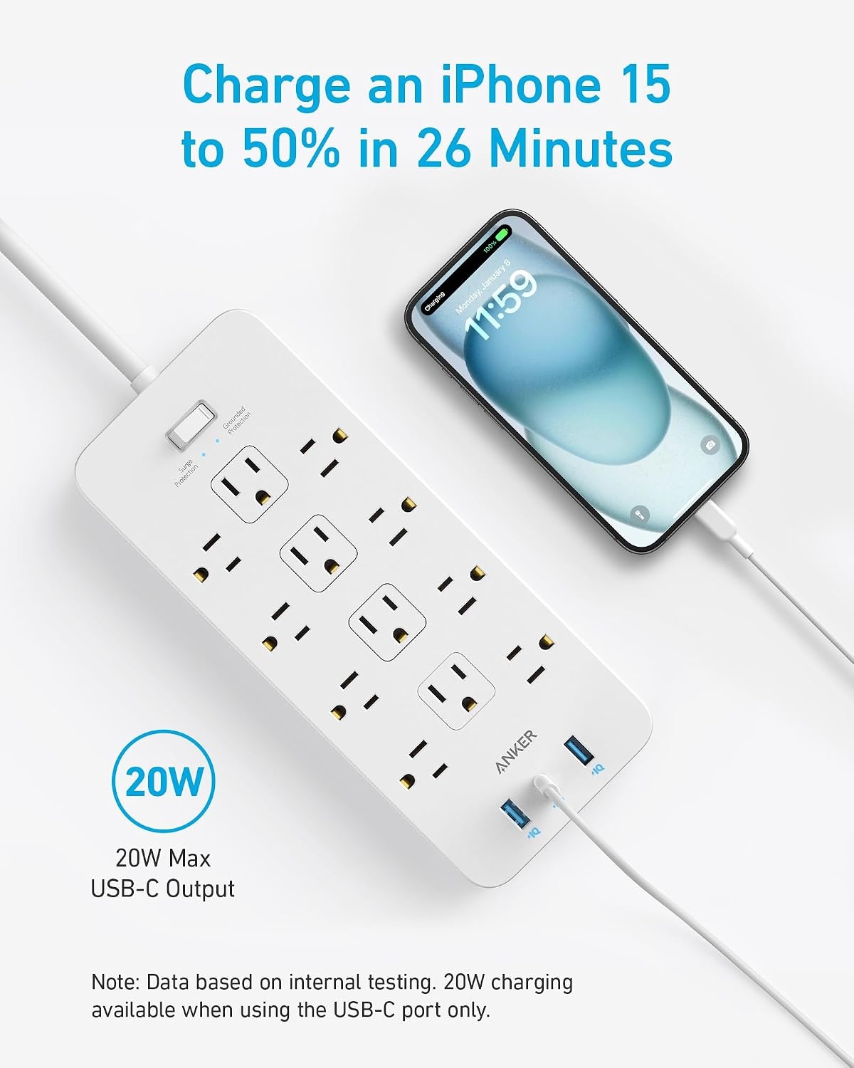 image:imageAnker Power Strip with 2100J Surge Protector Outlet Extender 20W 12 ACWhite