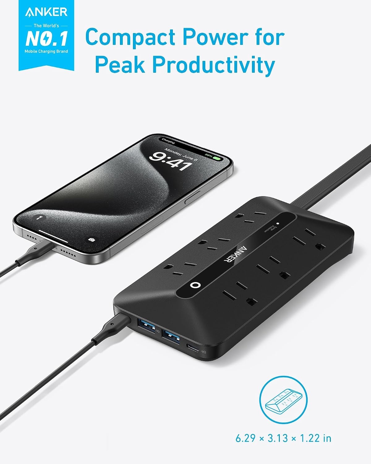 image:imageAnker Power Strip with 300J Surge Protector 5ft Outlet Extender 20W 6ACBlack