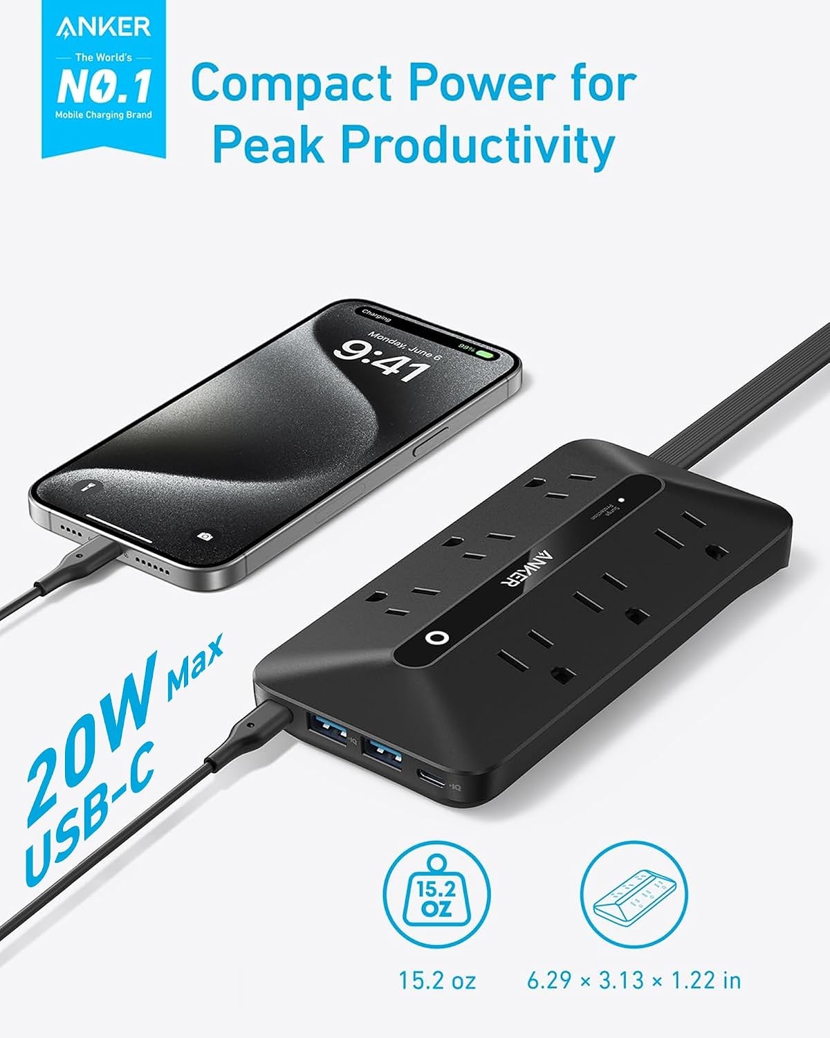 image:imageAnker Power Strip with 300J Surge Protector 5ft Outlet Extender 20W 6ACBlack
