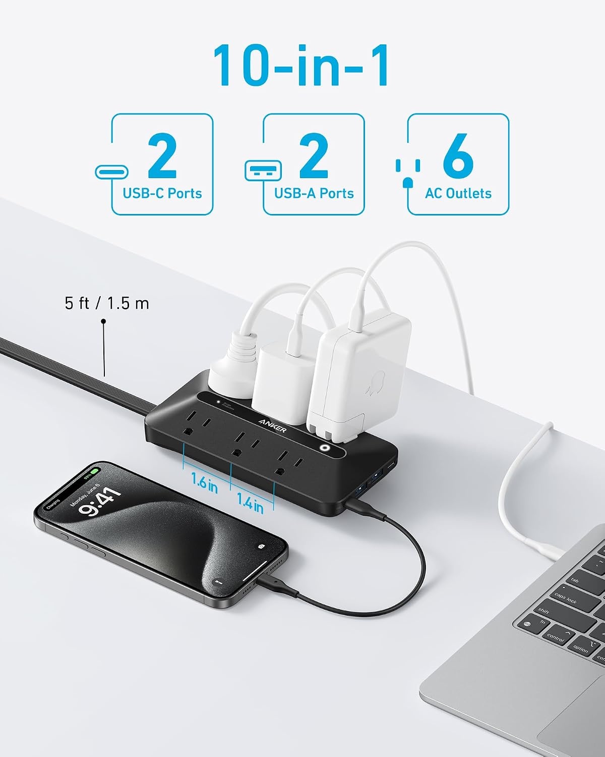 image:imageAnker Power Strip with 300J Surge Protector 5ft Outlet Extender 20W 6ACBlack
