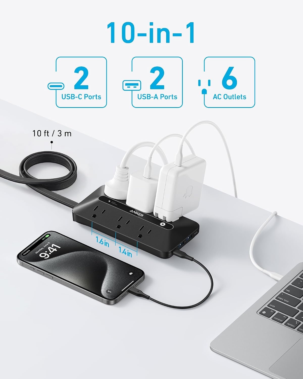 image:imageAnker Power Strip with 300J Surge Protector 5ft Outlet Extender 20W 6ACBlack