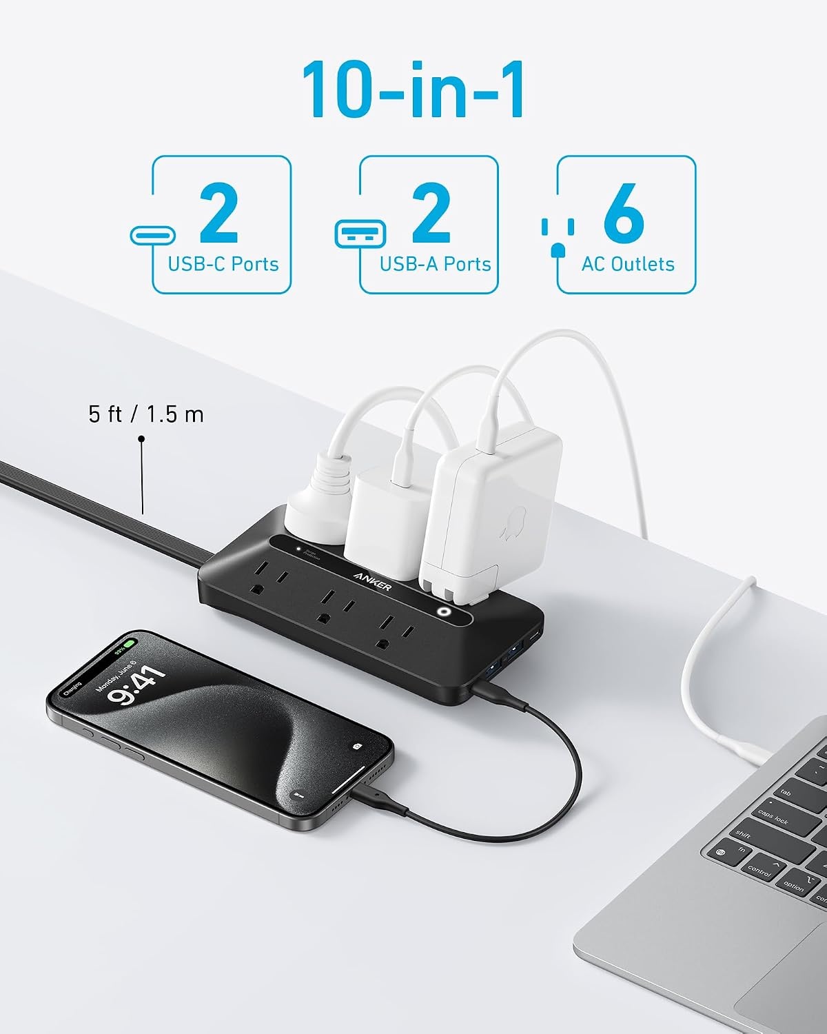 image:imageAnker Power Strip with 300J Surge Protector 5ft Outlet Extender 20W 6ACBlack