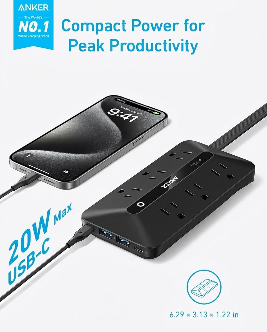 image:imageAnker Power Strip with 300J Surge Protector 5ft Outlet Extender 20W 6ACBlack