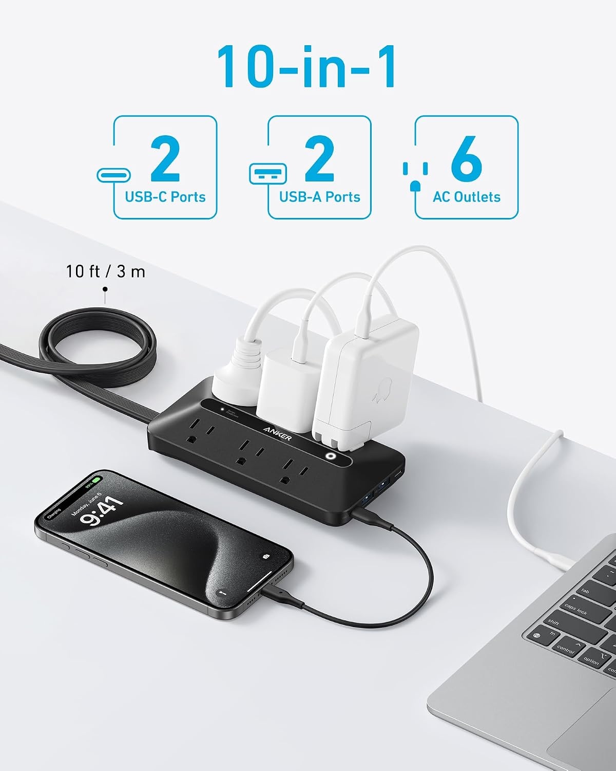 image:imageAnker Power Strip with 300J Surge Protector 5ft Outlet Extender 20W 6ACBlack
