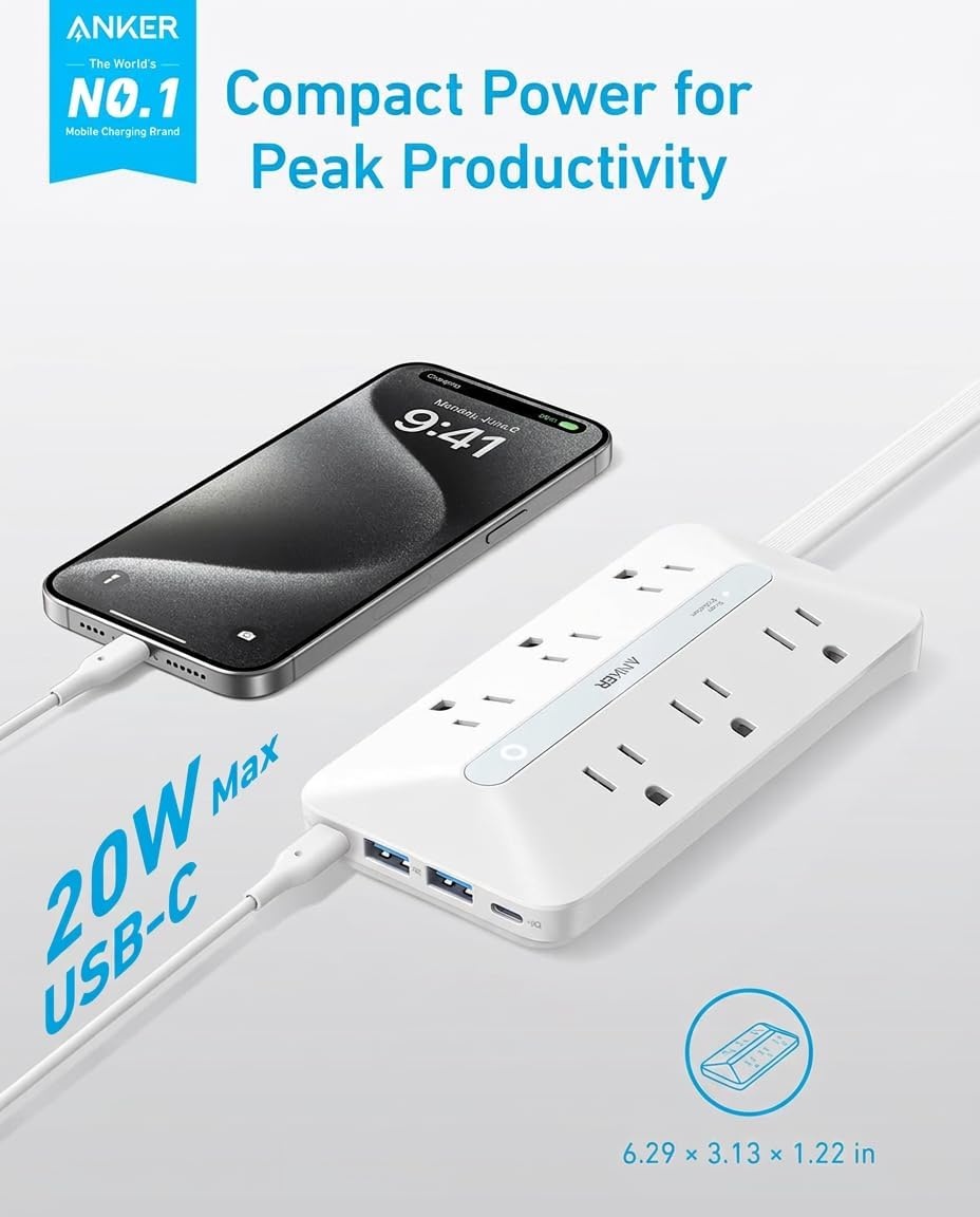 image:imageAnker Power Strip with 300J Surge Protector 5ft Outlet Extender 20W 6ACWhite