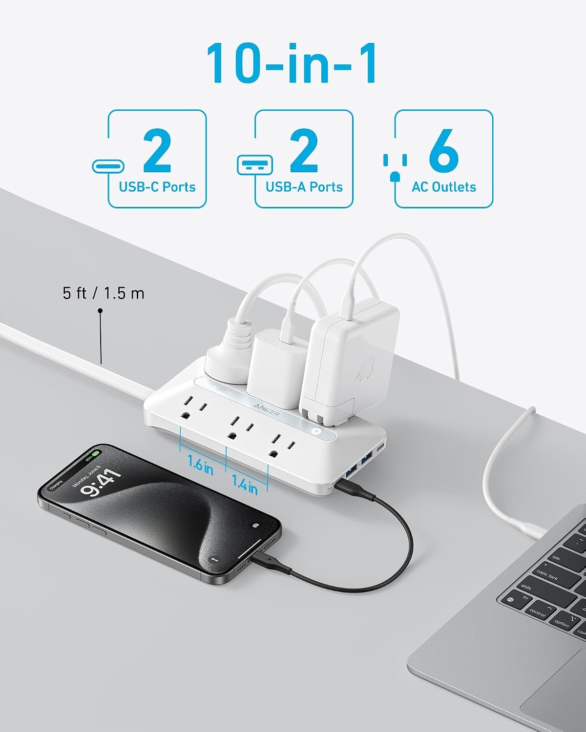 image:imageAnker Power Strip with 300J Surge Protector 5ft Outlet Extender 20W 6ACWhite