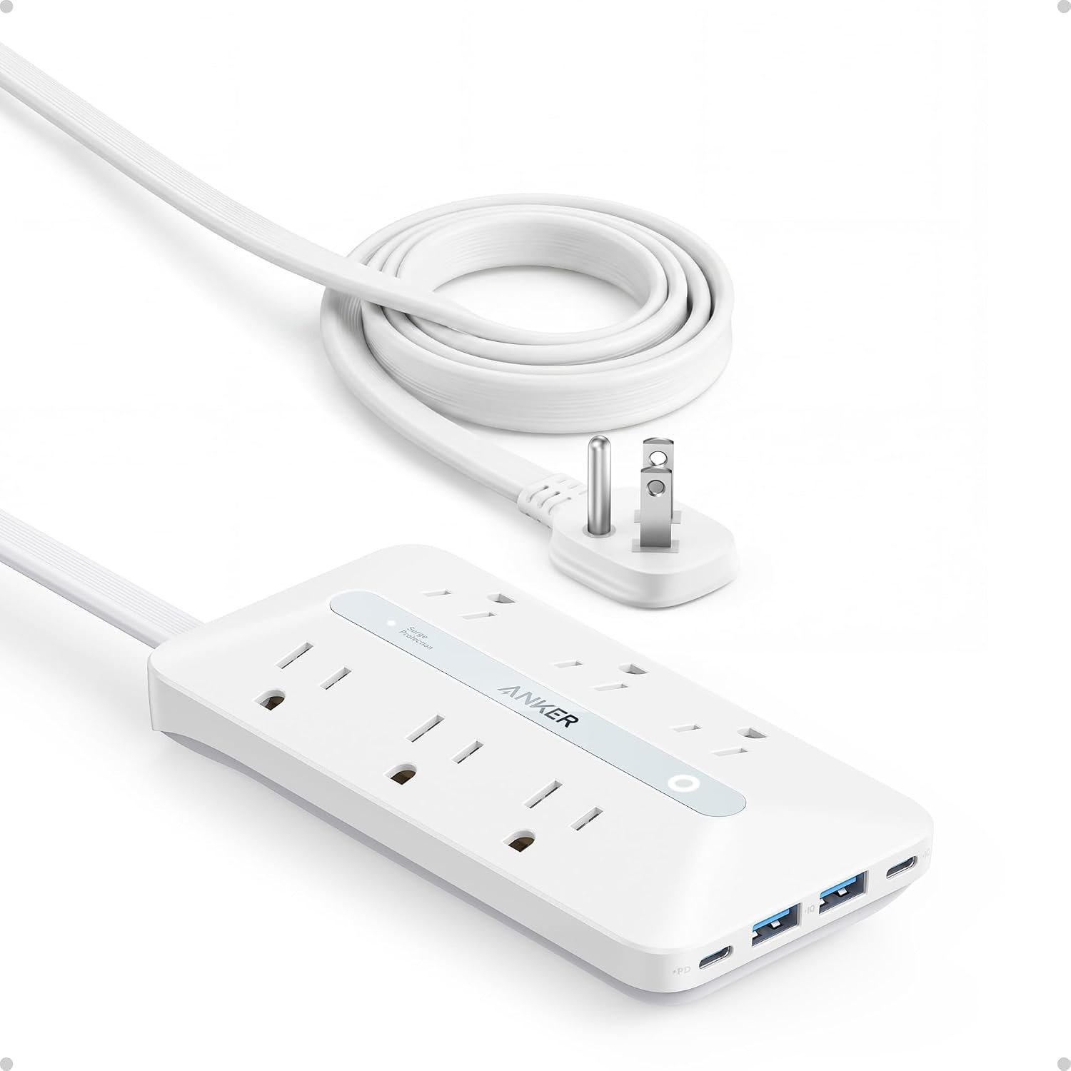 image:imageAnker Power Strip with 300J Surge Protector 5ft Outlet Extender 20W 6ACWhite