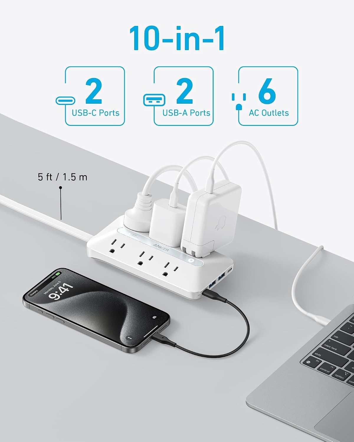 image:imageAnker Power Strip with 300J Surge Protector 5ft Outlet Extender 20W 6ACWhite