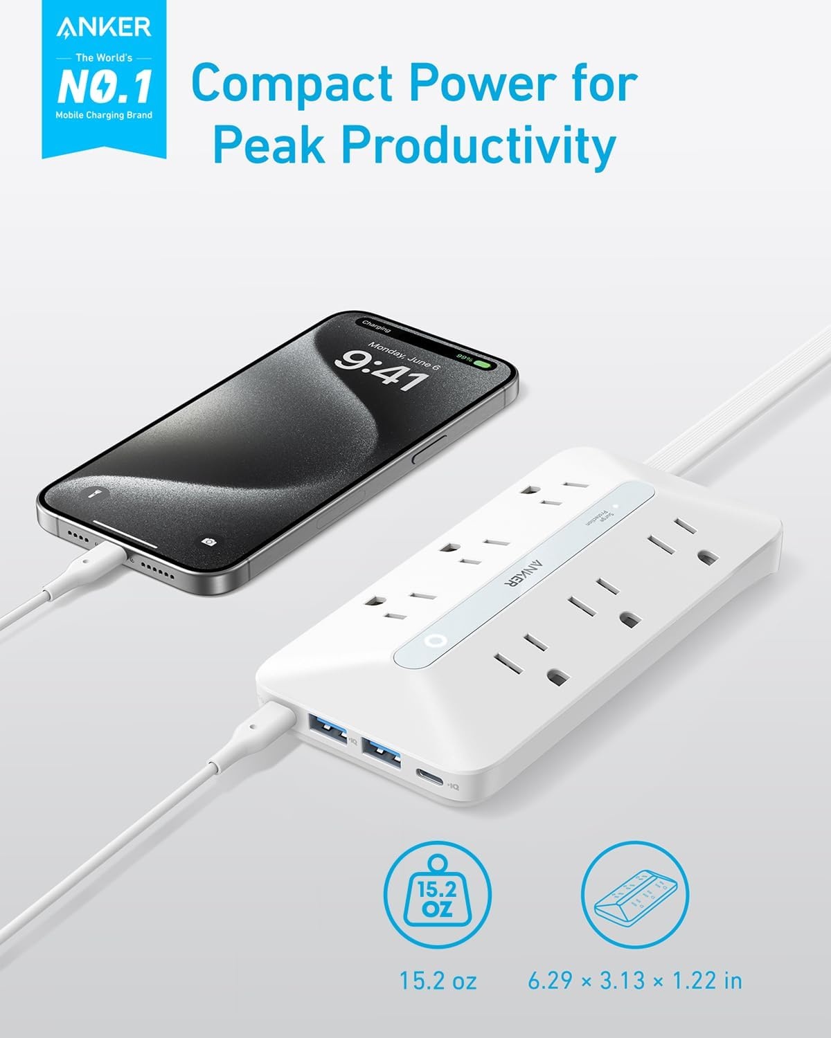 image:imageAnker Power Strip with 300J Surge Protector 5ft Outlet Extender 20W 6ACWhite