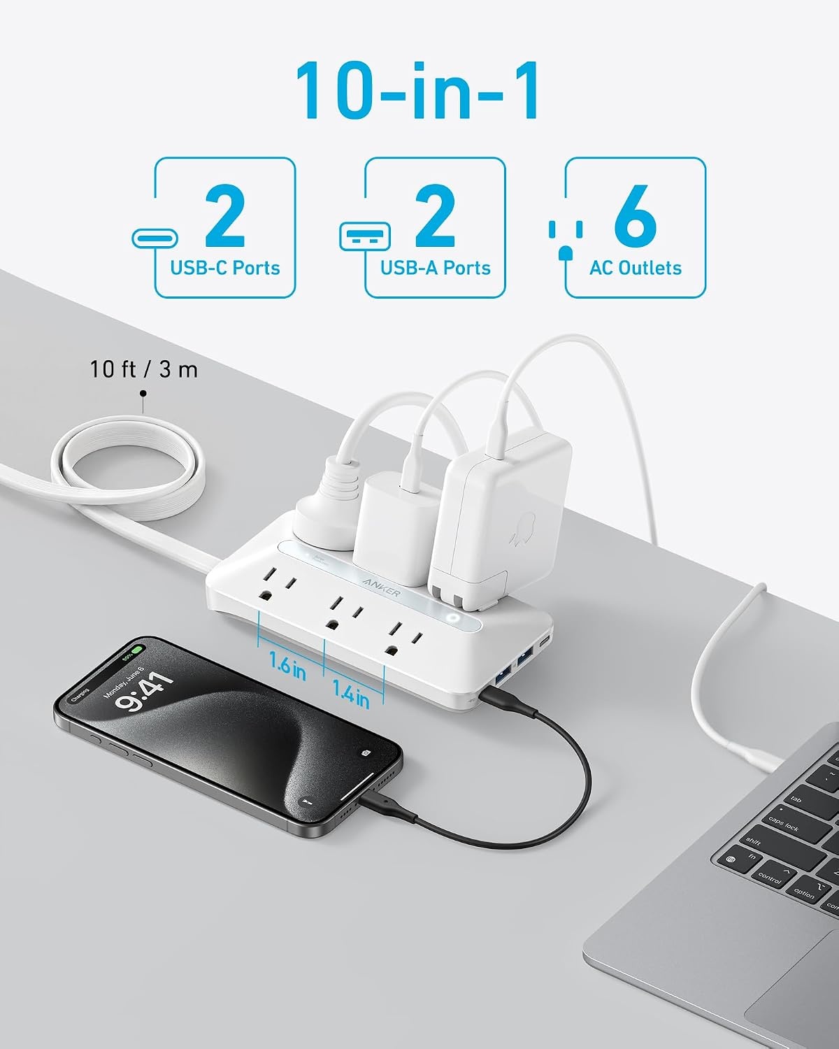 image:imageAnker Power Strip with 300J Surge Protector 5ft Outlet Extender 20W 6ACWhite