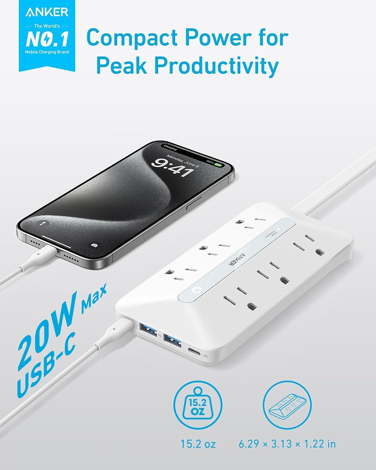 image:imageAnker Power Strip with 300J Surge Protector 5ft Outlet Extender 20W 6ACWhite